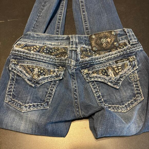 Miss Me Jeans 28 Skinny Blue Denim Crystal Rhinestone Bling Pocket Style - Picture 4 of 8